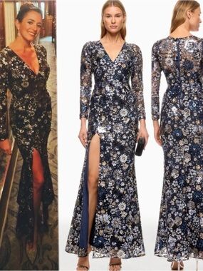 Dress the Population Alessandra Gown Elegant Navy Floral Sequin size L Petite